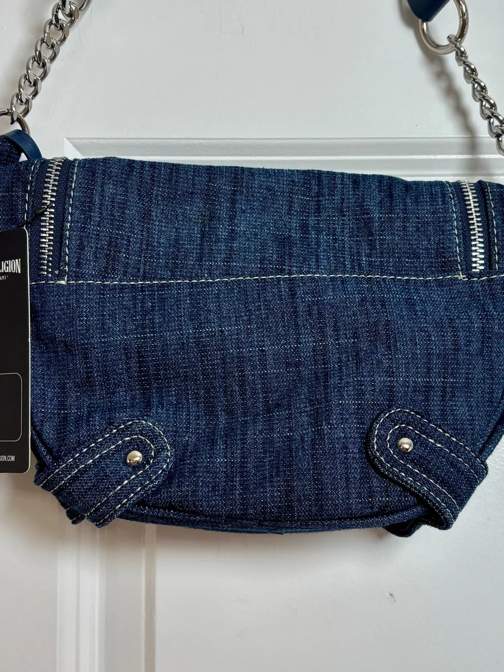 True Religion Denim Classic Logo Grommet Chain Strap Hobo Handbag